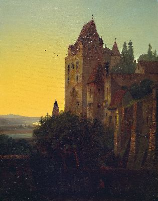Romantiker, Mitte 19. Jh.,, Burg in der Dämmerung, Öl/Lwd, feine lasierende Malerei, im Vordergrund im Schatten Weg mit Zugang und Person, ca. 51 x ...