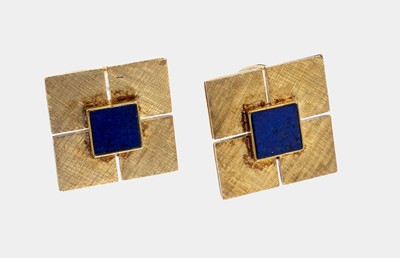 Paar 14 kt Gold Lapislazuli Ohrclips, GG 585/000, Oberfläche strukturiert, Lapislazulieinlagen, total ca. 11 g