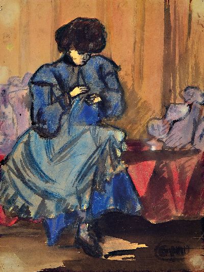 Gaspard Maillol, 1880 Barcelona-1946 Paris, Aquarell, Interior mit Frau in blauem Kleid, Monogrammiert im Oval G.M, unter PP und Glas gerahmt 49x41 cm