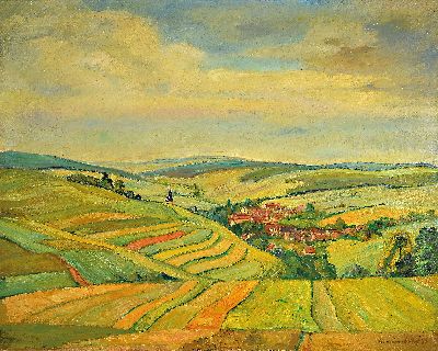 Florian Bosch, 1900 Sauerlach-1972 München, Sommerlandschaft im Allgäu mit Blick auf ein Dorf, rechts unten signiert und datiert 1947, Öl/Lwd, ...