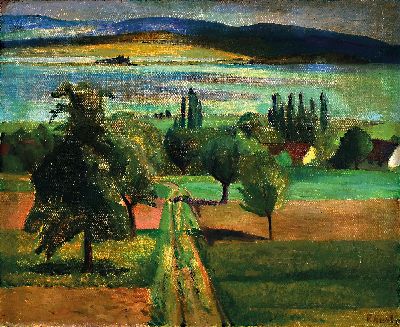 Paul Hart, Schweizer Künstler des 20.Jh., Blick entlang einer Allee auf einen See, linksunten signiert, verso fragmentarisches Etikettbez. ...