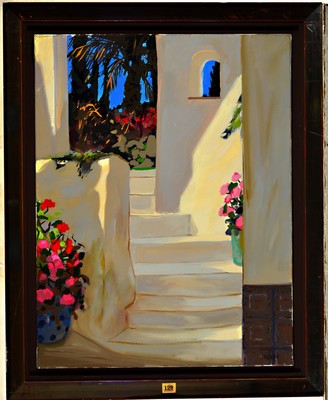Jean-Claude Carsuzan, 1938-2022 Talence, "Mykonos", Architekturdetail mit blühenden Topfpflanzen, rechts unten signiert, Öl/Lwd, 65x50 ...