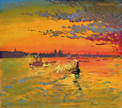Ernst Vollbehr, 1876 Kiel-1960 Krumpendorf, Aquarell/Gouache, Blick über den Rhein auf die Kulisse von Mainz bei Abendrot, links unten bez., rechts ...