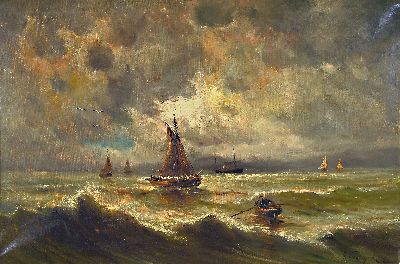 Michiel Thomas van Cuyck, 1796-1875, Fischerboote bei Gewitter, Öl/Lwd, rechts unten sign., ca. 60x90cm, R. ca. 72x102cm, Rahmen besch.
