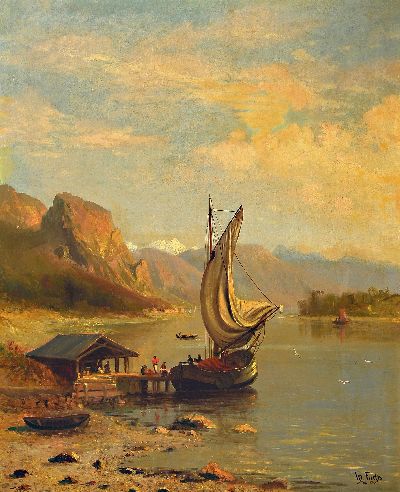 Therese Fuchs, 1849-1910, Norwegische Fjordlandschaft mit Boot am Steg, Öl/Lwd, rechts unten sign. und dat. 82, ca. 100x80cm, Prunkrahmen ca. ...