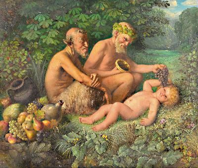 Georg Nagel, geb. 1871 Frankfurt am Main, Die Taufe des jungen Bacchus, Öl/Lwd, rest., links unten signiert, mit kleineren Farbfehlstellen, laut ...