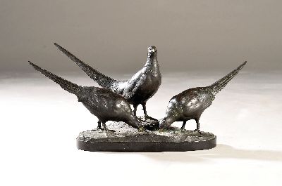 Bronzeskulptur, Prof. Otto Poertzel, drei Fasane, signiert, Marmorplinthe, ca. 25x72x44cm