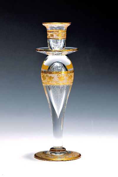 Kerzenleuchter Ivy Gold, St. Louis, Frankreich, farbloses Glas, Golddekor auf geätztem Grund, Ätzmarke, H. 23 cm