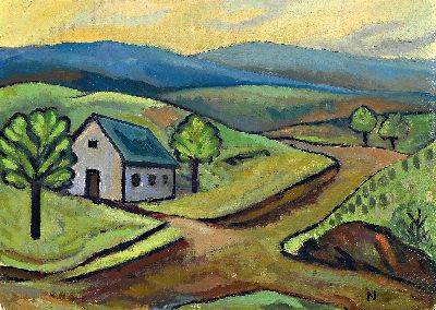 Bill Nagel, 1888-1967 München, Gebäude in hügeliger Sommerlandschaft, rechts unten monogrammiert N, Öl/Lwd, 28x38, auf Keilrahmendoubliert, ...
