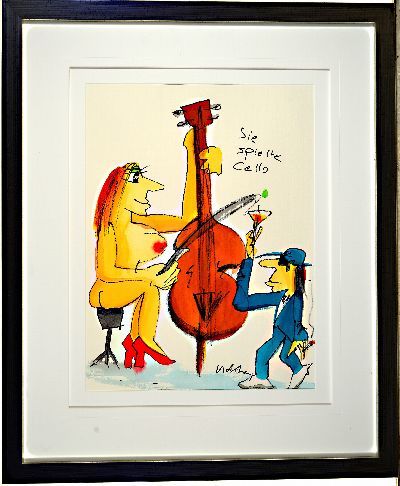 Udo Lindenberg, geb. 1946, deutscher Künstler und Rockmusiker, "Sie spielte Cello", weiblicher Akt das Cello spielend, seitlich er selbst, ...