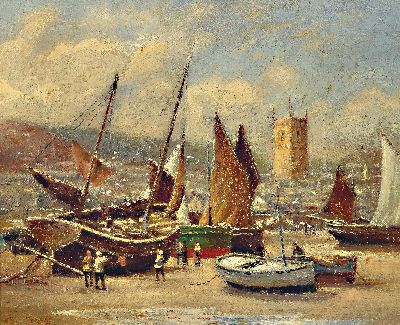 Arthur White, 1865-1953, britisch, "The Harbor St. Ives" so verso bez., links unten fragmentarisch signiert, Öl/Lwd, 41x51 cm, Rahmen ...