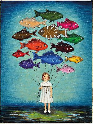 Maria Winter, geb. St. Petersburg, lebt und arbeitet in Deutschland, hier: Das Mädchen mit den Fischen, Acryl/Lwd, monogr., verso sign. und ...