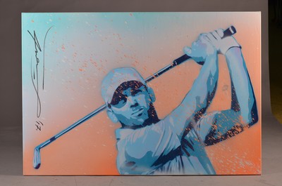 Max Wiedemann, geb. 1977 Frankfurt am Main, Der Golfer Pablo Larrazabal, Spraypaint auf Lwd, signiert und dat. 17, ca. 110x160cm