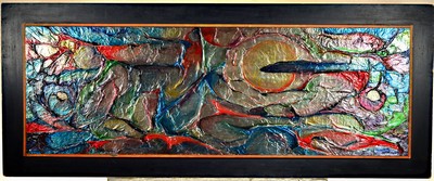 Jan Stekelenburg, 1922-1977, Ohne Titel, Acryl auf reliefierter Metallfolie auf Spanplatte, sign., ca. 63x150cm außen