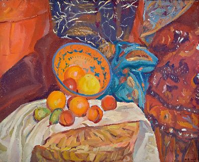 Maurice Barraud, 1889-1954, Stillleben mit Keramikschale und Obst vor bunten Draperien, Öl/Lwd, rechts unten sign., ca. 80x100cm