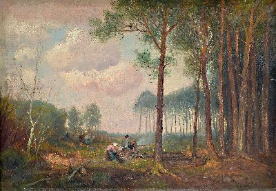 Jean Grothe, 1865-1925, Arbeiter auf einer Waldlichtung, Öl/Lwd, rechts unten sign., sollte neu gespannt werden, ca. 70x100cm, R. ca. 78x107cm