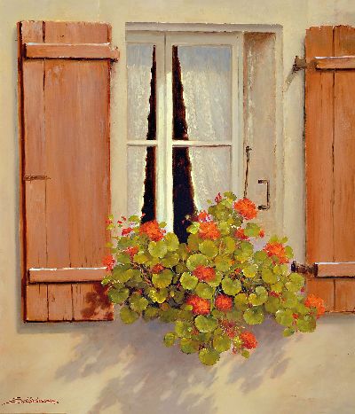 Heinz Schölnhammer, geb. 1940 Wien, Geranien am Fenster, rückseitig so betitelt, Öl/Lwd, links unten sign., ca. 70x60cm, R. ca.88x78cm