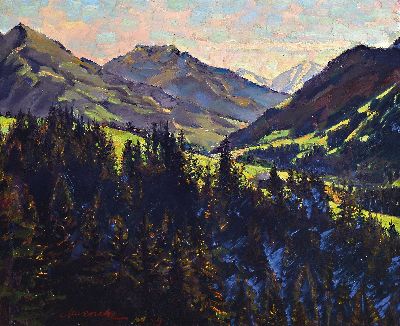 Eduard Muenecke, 1875 Berlin-1954, Gebirgslandschaft mit Blick ins mäandernde Tal, links unten signiert und datiert 1929, Öl/Lwd, Rahmen 77x92 cm