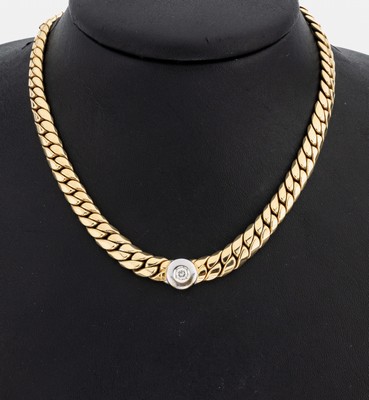14 kt Gold Brillant-Collier, GG/WG 585/000,in WG gefasster Brillant ca. 0.20 ct Weiß/si, L. ca. 44.5 cm, Karabinerschließe, ca. 23.8 g