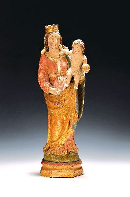 Heiligenfigur/Bildschnitzerei, rheinisch , frühes 18. Jh., Mutter Gottes mit Christuskind, Eichenholz geschnitzt und bunt gefasst, orig. Fassung mit ...