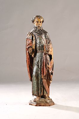 Große Heiligenfigur/Bildschnitzerei, 17./18. Jh., Holz geschnitzt, sekundäre Fassung, wohl Apostel Petrus, rückseitig Spuren von altem Wurmbefall, ...