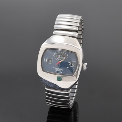 SICURA Herrenarmbanduhr mit springender Stunde, Schweiz um 1970, Handaufzug, verchr. Geh., Stahlboden verschr., neutr. Flexband, blaues Zifferbl., ...