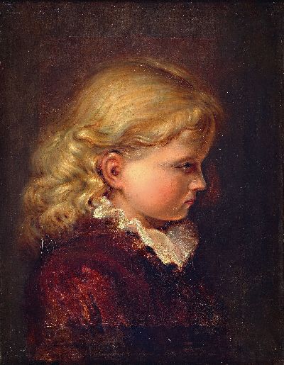 Unbekannter Künstler, um 1900, Porträt eines blond gelockten Kindes im Profil, Öl/Lwd, unsign., rückseitig Aufkleber: Jubiläums-Ausstellung-Wien ...