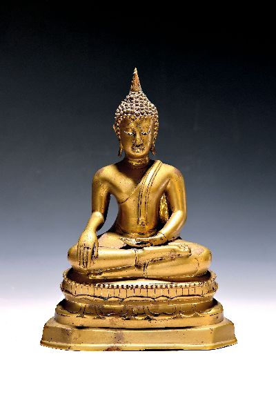 Sitzender Buddha, Thailand, 20. Jh., Bronze, Geste der Erdberührung, H. ca. 23 cm, Gebr.-spuren