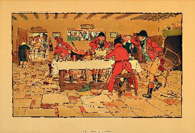 Cecil Aldin, 1870 - 1935, zwei Lithographien, "Breakfast und Supper", um 1900, The Hunt Supper und The Hunt Breakfast in der Platte ...