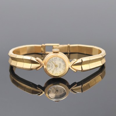 ENVE Damenarmbanduhr in RG 750/000, Handaufzug, Schweiz um 1960, 2-teil. Geh. inkl. Gliederband im Verlauf, Boden aufgedr., silb. Zifferbl. m. ...