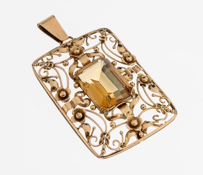 14 kt Gold Citrin-Anhänger, 1950er Jahre, GG 585/000, durchbrochen gearbeitet, aufwendige Arbeit mit Golddrähten und Kugeln, florale Elemente, ...