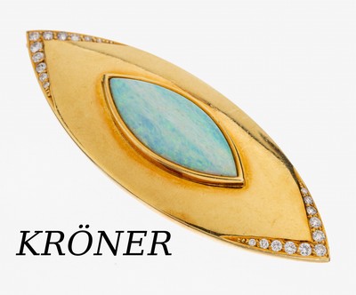 18 kt Gold Opal-Brillant-Brosche, GG 750/000, qualitätvolle Verarbeitung, navettef., mittig Opal-Cabochon ca. 14.0 ct, Farbspiel in Blau und Grün, ...