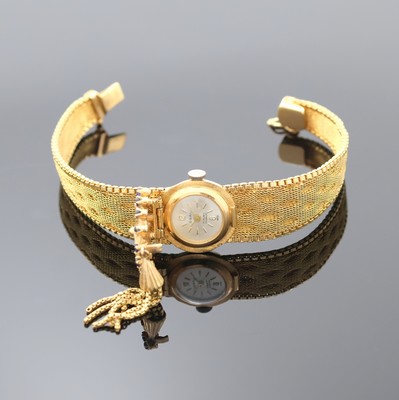 OSAL ausgefallene Damenarmbanduhr in RG 750/000, Schweiz um 1965, Handaufzug, Goldband, Boden aufgedr., silb. Zifferbl. unter aufw. ...