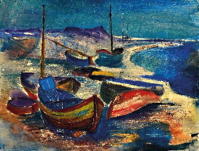 Will Sohl, 1906-1969 Ludwigshafen, Mischtechnik auf Papier, Fischerboote auf Sylt, Ränder l. lädiert, Blatt 50x65 cm, unter Glas gerahmt 72x92 cm