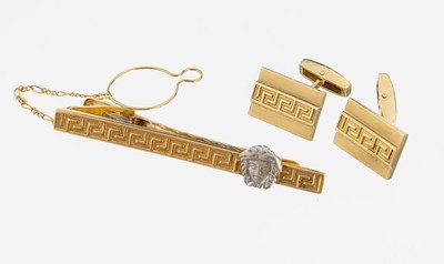 14 kt Gold Herrenschmuckset, GG 585/000, best. aus: 1 Paar Manschettenknöpfe, und 1 Krawattenklammer, L. ca. 6.1 cm, Mäandermuster, ca. 17.6 g