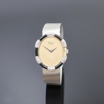 CHOPARD Armbanduhr in WG 750/000 mit Diamanten, Schweiz um 1975, Handaufzug, Boden aufgedr., Milanaiseband, Lünette m. Onyx-Einlagen und Diamanten, ...