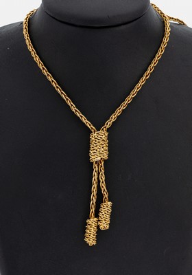 14 kt Gold Collier, GG 585/000, 2 Quasten als Abhängungen, L. ca. 68 cm, Federringschließe, ca. 41.5 g