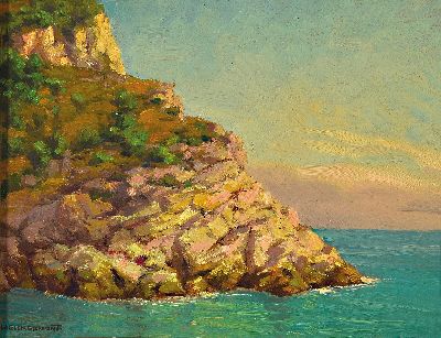 Karl Weickgenannt, 1896 Karlsruhe-1976, 2 Studien, "An der Ligurischen Küste" wohl bei Monterosso und "(Wolken-)Studie", je ...