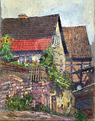 Hedwig Mardner, 1877 Mühlheim/Ruhr-?, Gouache, Dorfansicht, links unten signiert unddatiert 1915, unter Glas gerahmt 37x30 cm