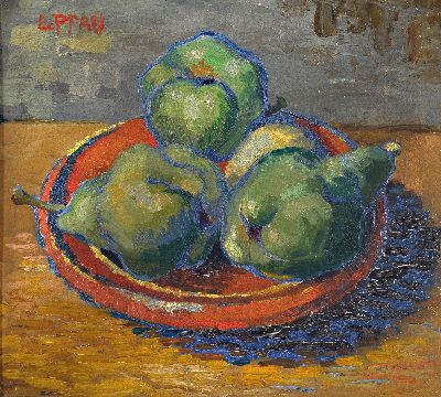 Ernst Pfau, 1879 Bad Wimpfen-1965 Bad Dürkheim, Stillleben mit drei Birnen, Vorkriegszeit,Öl/Malkarton, links oben signiert, 32x37 cm, Rahmen 48x52 ...
