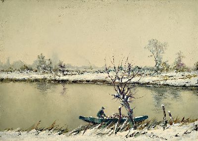 Willy Franz Wirth, 1903 Lüdenscheid-1965, niederrheinische Winterlandschaft mit Fischer,rechts unten signiert, Öl/Masonit, ungerahmt, 50x70 cm; ...