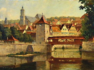 Christian Straub, 1881-1950 schwäbisch, "Schwäbisch Hall am Kocher" so verso bez., links unten signiert und datiert 1942, Öl/Platte, ...