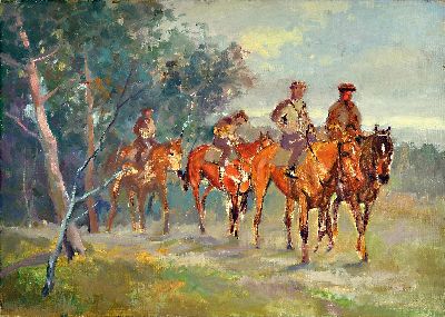 Hans Deiters, 1868 Düsseldorf-1922 München, Reitergruppe vor Waldkulisse, verso Künstlerstempel, Öl/Lwd, ungerahmt 50x70 cm