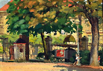 Unbekannter Französischer Maler des 20.Jh, "Lyon de ete" so verso bez., Straßenszene in Lyon mit spielenden Kindern, Öl/Holz, ...