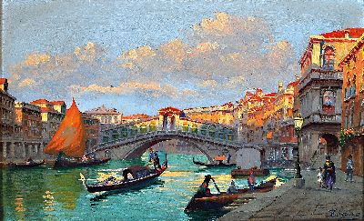 Signiert Zogno, italienisch, Ende 19.Jh., Ansicht aus Venedig, Blick auf die Ponte di Rialto, signiert, Öl/Holz, 19x30 cm, Rahmen 31x41 cm, verso ...