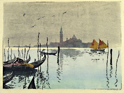 Hans Frank, 1884 Wien-1948 Salzburg, Farbholzschnitt, Venedig, San Giorgio von der Piazzetta aus, 1925, Platte 29x39 cm, unter Glas gerahmt 38x45 cm
