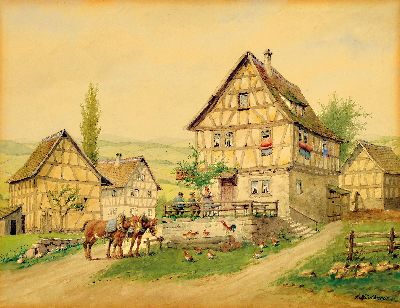 Karl Luckhardt, 1886-1970 Frankfurt/Main, Aquarell, oberhessisches Dorf, wohl 1931, rechts unten signiert, unter PP und Glas gerahmt 46x54 cm