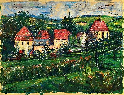 Peter Paul Etz, 1913 Mainz-1995, Darstellungdes Kloster Gräfinthal im Saarland, links unten signiert, bez. und datiert 1960, Öl/Papier, unter Glas ...