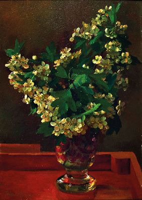 Ungedeuteter Künstler datiert 1947, Stillleben mit Weißdorn im Glasvase, links unten unleserlich signiert und datiert, Öl/Karton, Rahmen 40x28 cm