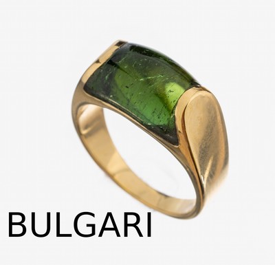 18 kt Gold BULGARI Turmalin-Ring, GG 750/000, Modell Tronchetto, Turmalin-Cabochon ca. 3.0 ct, RW 55, ca. 8.1 g, sign., mit orig.Etui